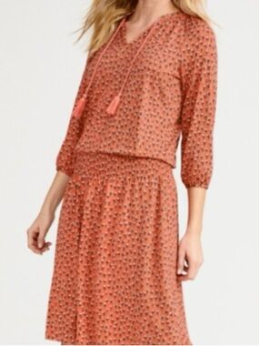 Garnet Hill Floral Smocked Waist Midi Dress sz XL Extra Large Tassel Tie Neck